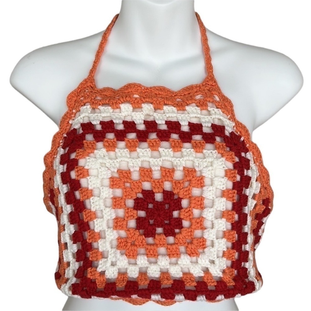 Full Tilt Boho Crochet Lined Halter Top Orange Red Cream Size M